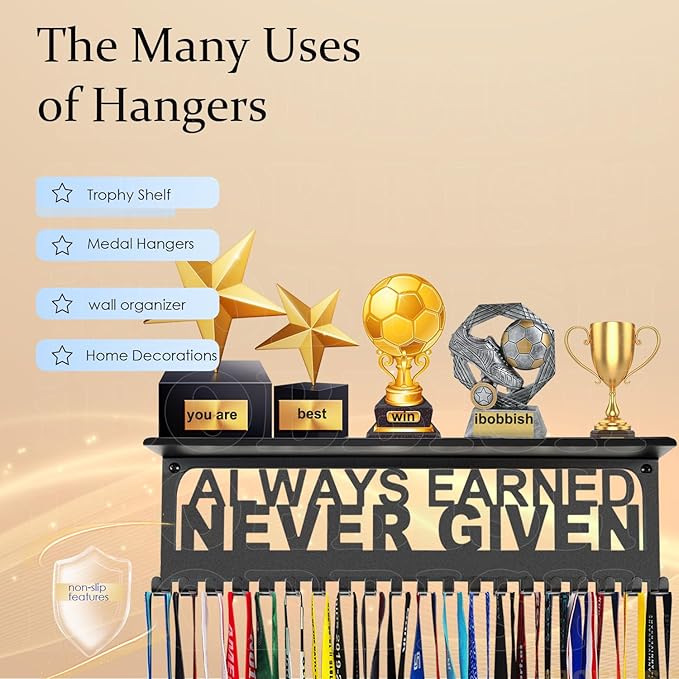 iBobbish Metal Medal Hanger Display,Non-Slip Trophy Shelf with 20 Hooks,Wall Mount,Heavy Duty,Non-Bent,Holds 22-33lbs,for Gymnastics,Race,Soccer,Swim