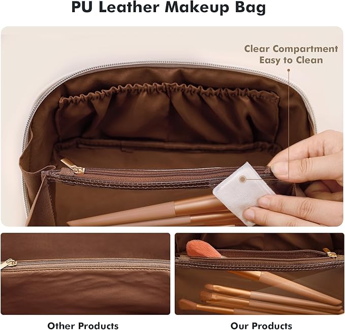 Prite Makeup Bag for Women Travel Waterproof Vegan Leather Cosmetic Bag Open Flat Toiletry Bag With Clear Divider and Handle (Plaid Brown, Medium)