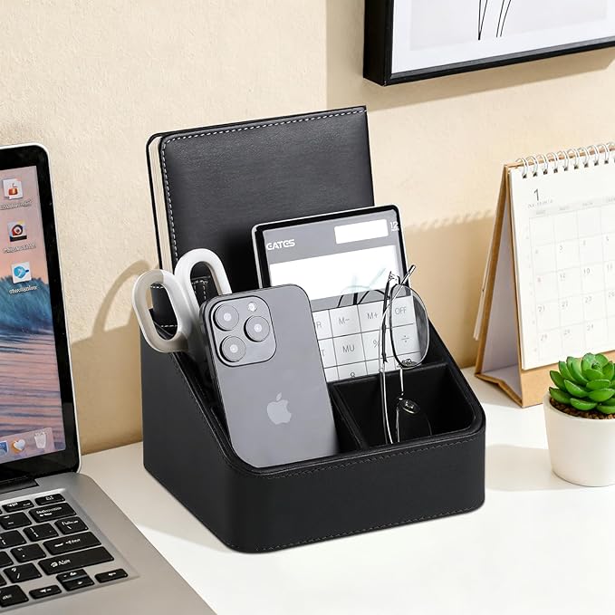 Remote Control Holder, PU Leather Small Desk Organizer with 4 Compartments, Nightstand Organizer Office Desk Accessories Desk Caddy for Countertop Bedside End Table (Black)