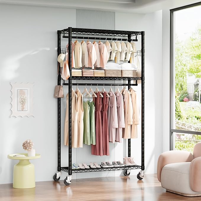 Heavy Duty Rolling Garment Rack 3 Tiers with Wheels,Metal Portable Closet Rack,Freestanding Clothes Rack,Closet Organizer System with 23.6" W x 15.7" D x 76" H, Max Load 400Lbs (Black)
