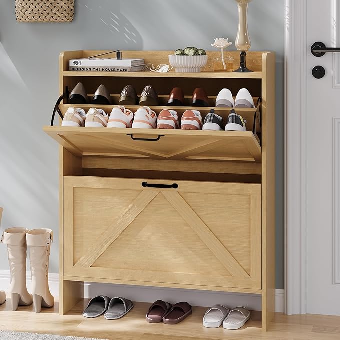 Shoe Cabinet Organizer with 2 Flip Drawers, Freestanding Narrow Shoe Rack for Entryway, Freestanding Hidden Shoe Storage Cabinet for Entryway, Hallway, Living Room, Bedroom, Natural