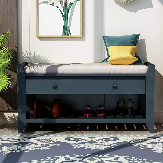 LUMISOL Shoe Storage Bench with Padded Cushion, Rustic Storage Bench with Woven Rattan Doors and Adjustable Shelves for Entryway, Hallway, Living Room, Grey Wash+Beige