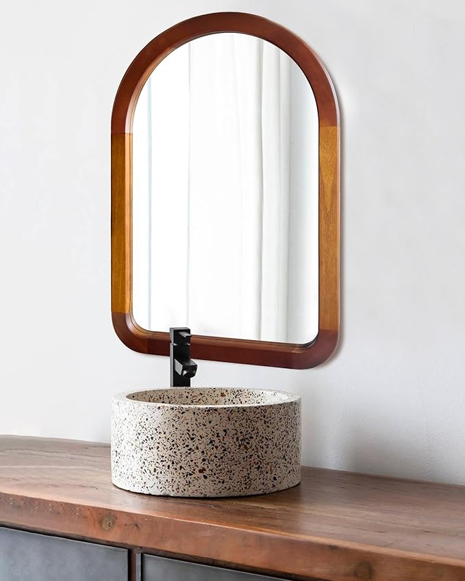 Arched Mirror 22 x 30 Inch,Brown Wood Rustic Bathroom Tempered Wall Mirror with Wood Frame,Round Corner Arch Farmhouse Wooden Vanity Mirror for Living Room,Entryway or Bedroom（Walnut Brown）