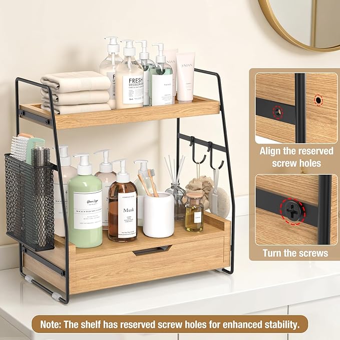 2-Tier Bathroom Counter Organizer with Drawer and Removable Basket, Wood Vanity Countertop Storage for Perfume, Makeup, Skincare, Bathroom Counter Shelf, Moisture-Resistant, Light Brown