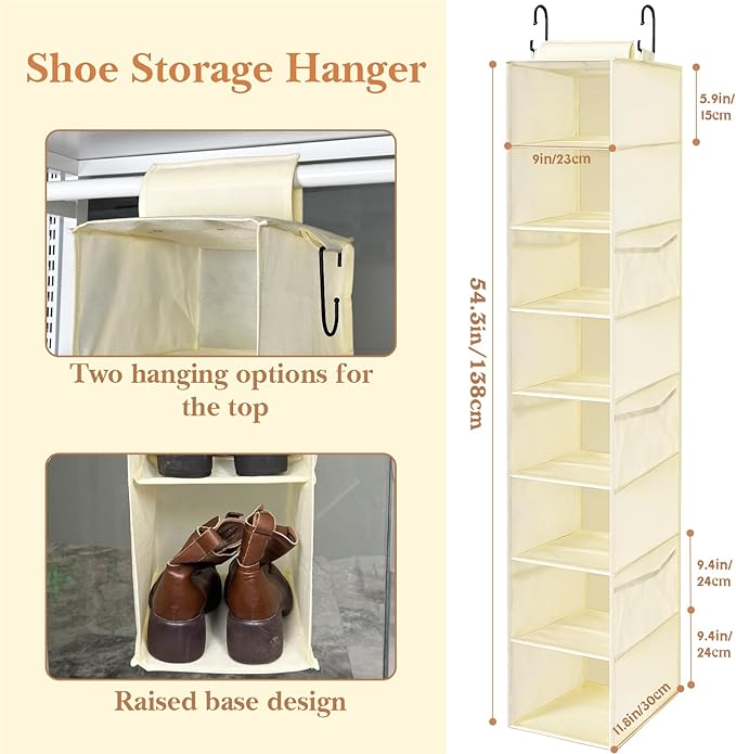 Hanging Shoe Organizer for Closet with 8 Shelves,Mesh Pockets-Wider Hanging Shelves for Shoes,Clothes,Hats With Sturdy Bamboo-Supported Design (Beige)