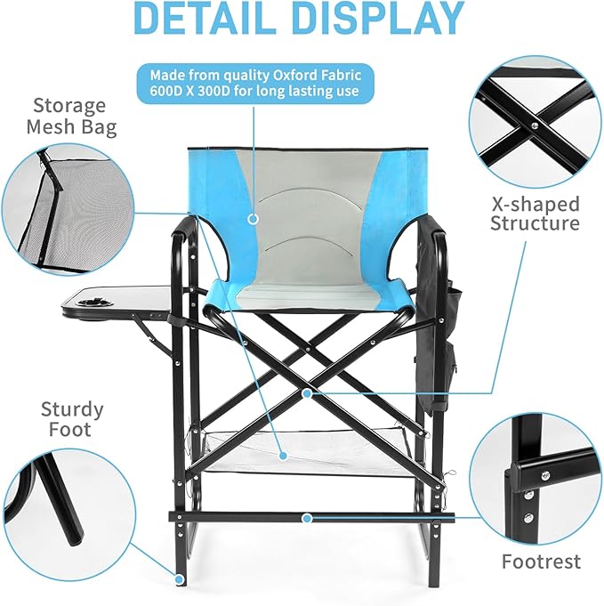 Outvita 26" Tall Directors Chair Height Seat Folding with Side Table Storage Bag, Support for 300Lbs Portable Makeup Artist Chair with Bar Height(Blue/Black)