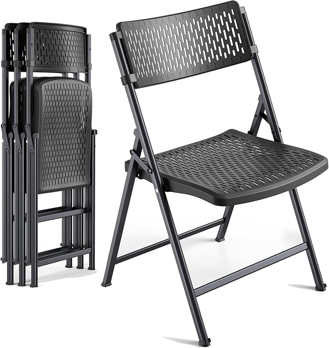 4-Pack Black Folding Chairs, Mesh Plastic Seat with Steel Frame, 400 lbs Capacity, Non-Slip Pads, Easy Clean for Indoor/Outdoor Weddings, Patios & Card Tables