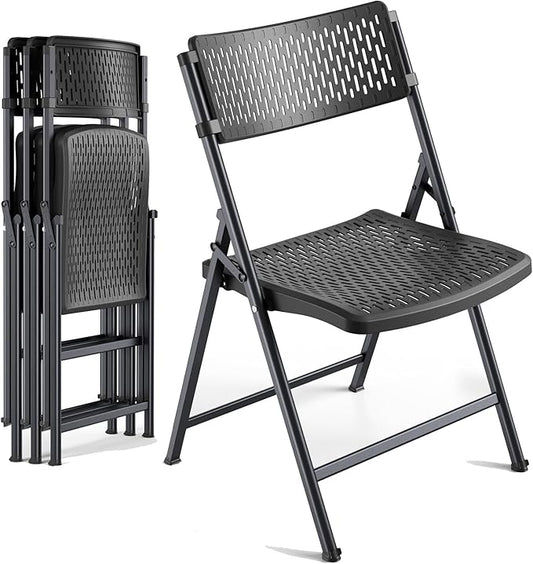 4-Pack Black Folding Chairs, Mesh Plastic Seat with Steel Frame, 400 lbs Capacity, Non-Slip Pads, Easy Clean for Indoor/Outdoor Weddings, Patios & Card Tables