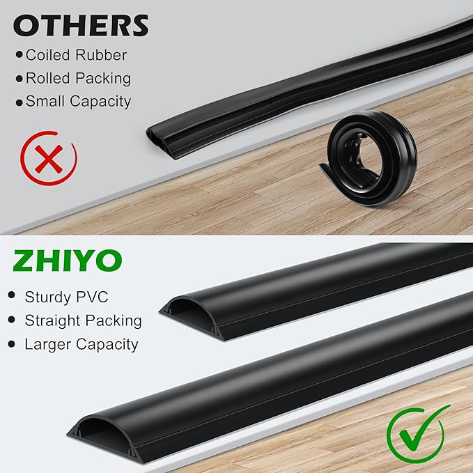 ZhiYo Cord Cover Floor, Large Capacity Floor Cable Cover, Hard PVC Cord Hider, Wire Cable Management Raceway, Black, Cord Cavity - 1.8"(W) x 0.6"(H)