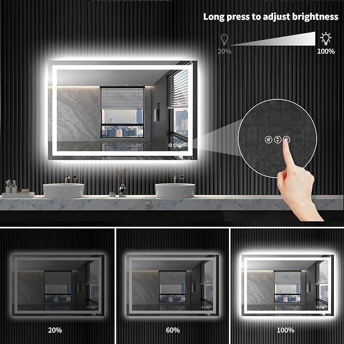 LOAAO 40X32 LED Bathroom Mirror with Lights, Anti-Fog, Dimmable, Backlit + Front Lit, Lighted Bathroom Vanity Mirror for Wall, Memory Function, Waterproof, Tempered Glass