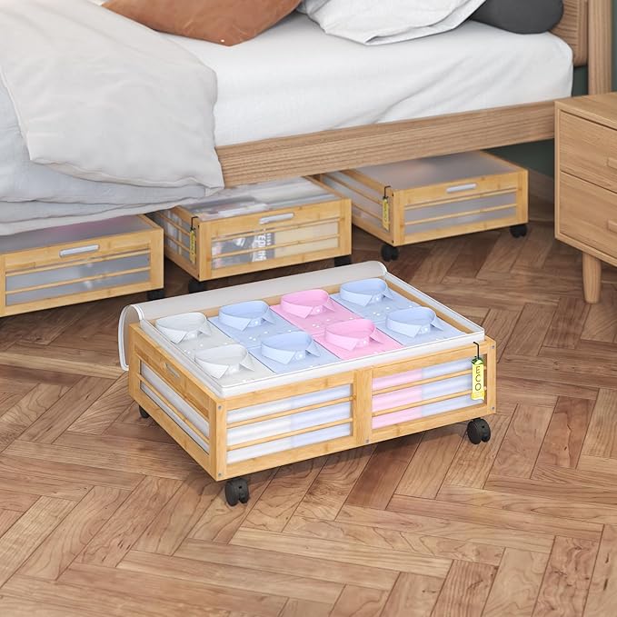 Bamboo Underbed Storage Containers with Wheels & Bag, Large Under Bed Rolling Storage Bins Wood Under Bed Clothes Storage Stackable Drawers for Bedroom Closet Under Crib Toy(Natural)