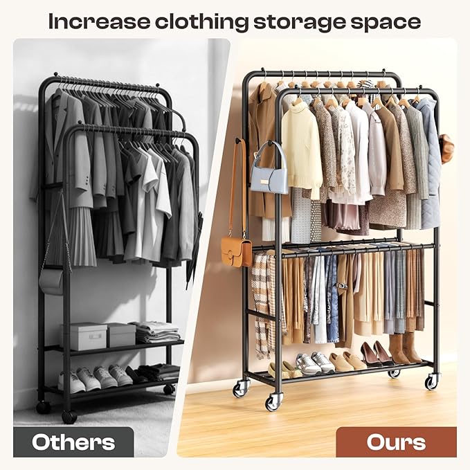 Clothes Rack - 4-Bar Double Rod Clothing Rack with 15 Pants Racks - Rolling Clothes Rack with Shelves - Portable Garment Rack for Bedroom Laundry Room Closet - Black