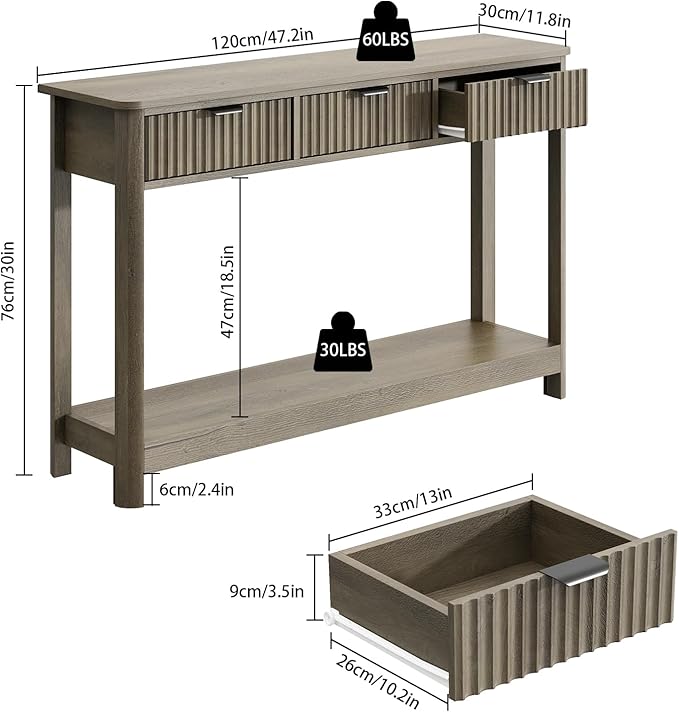 RUSTOWN Fluted Wood Console Table with 3 Drawers, 47.2" Modern Farmhouse Sofa Table & Entryway Table with Open Storage Shelf, Narrow Hallway Table for Living Room, Foyer and Hallway (Washed Oak)