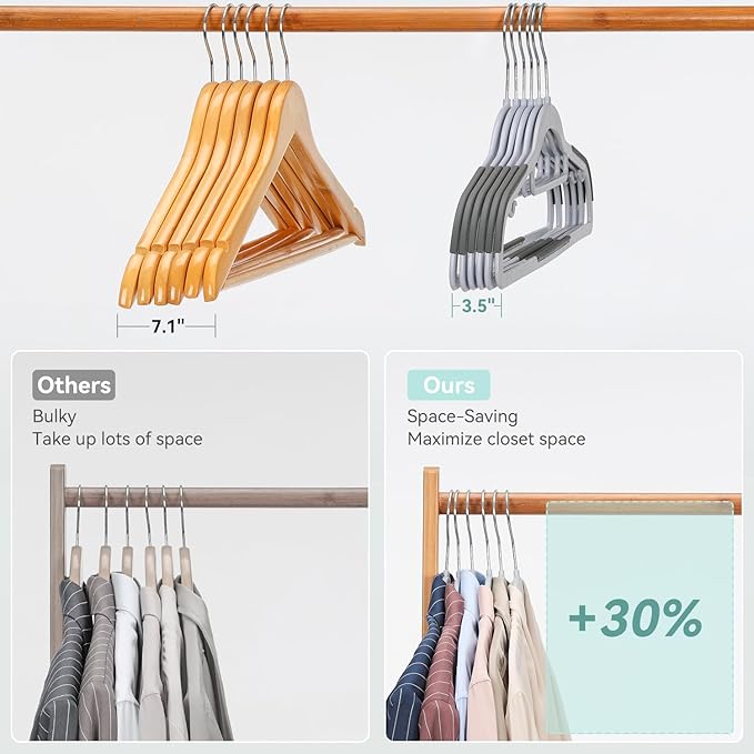 NCXTKJ 50-Pack Heavy Duty Coat Hangers, Non-Slip, 0.2'' Slim, 360° Swivel Hook, 16.5 Inches Wide, Space-Saving Plastic Clothes Hangers for Suit, Shirt & Pants, Light and Dark Gray