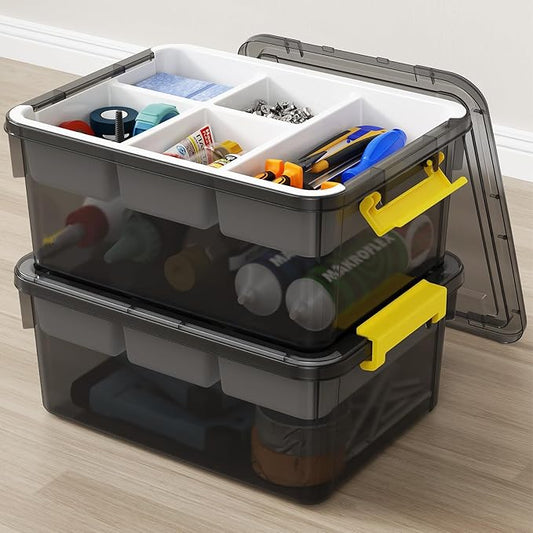 40Qt Stackable Storage Bins with Lids & Trays, Clear Plastic Latching Boxes Organizers with Dividers Portable 10Gal Containers for Arts & Crafts, Home & Car Trunk Organization, Grey, 2Pack