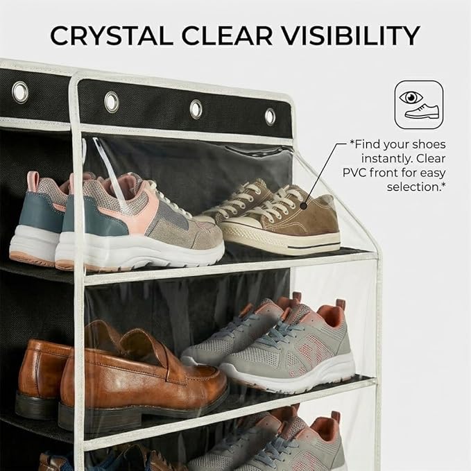 SUREMAX Over The Door Shoe Organizer, 11-Tier Hanging Shoe Rack for Closet Door Fits 22 Pairs, Clear PVC Behind The Door Storage Organizer with Heavy Duty Hooks & Loop Fastener, Black