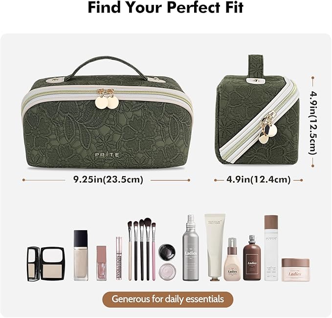 Prite Makeup Bag for Women Travel Waterproof Vegan Leather Cosmetic Bag Open Flat Toiletry Bag With Clear Divider and Handle (Green Flower, Medium)