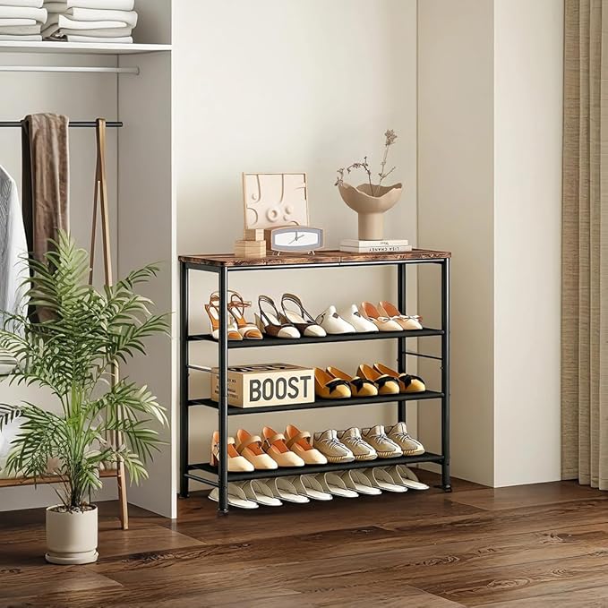 INGIORDAR Shoe Rack Organizer 4 Tier Metal Organizer Shelf with Industrial MDF Board and Layer Fabric for Entryway Closet Bedroom Living Room Garage,Black & Rustic Brown (Black+Rustic Brown, 4 Tier)
