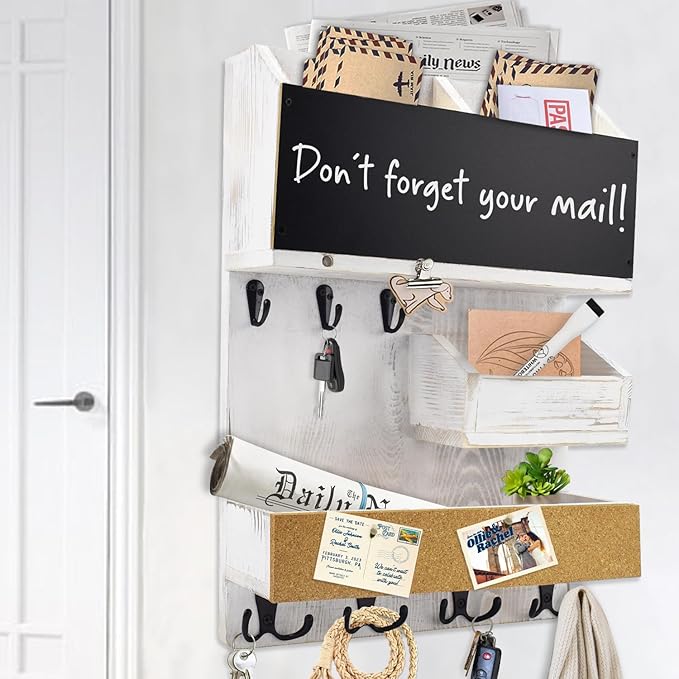 Mail Organizer Wall Mount，Key Holder Mail and Key Organizer for Wall with Shelf, Chalkboard, Corkboard, Home Decor for Room Office Entryway(Ivory White)