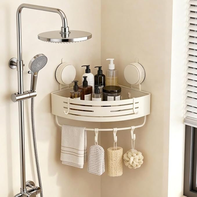No-Drilling Corner Suction Cup Shower Caddy(1-Pack Cream White),Rust-Proof and Durable Bathroom Organizer with Towel Bar & Hooks,Modern Large-Capacity Wall-Mounted Shower Shelf