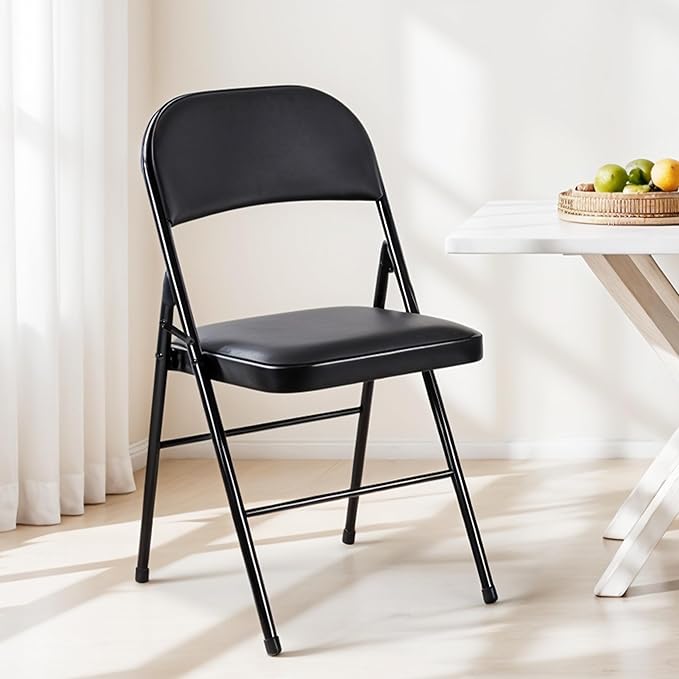 Simple Deluxe 4 Pack Folding Chairs with Padded Leather Cushion Seats & Durable Metal Frame, Comfortable, Foldable, Portable, Commercial Event Chair, Indoor Outdoor for Parties, Home, Office, Black