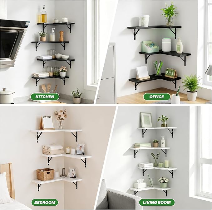 NATURE'S SOURCE Corner Floating Shelves Set of 3, Corner Shelves Wall Mounted, for Bedroom Kitchen Living Room Bathroom Office- Gothic Style (White, Set of 3)