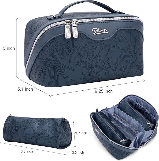 BOYATU Travel Makeup Bags Cosmetic Organizer Bag: 3-Set Large Capacity Make up Bag - PU Leather Toiletry Bags for Women - Wide Open Portable Pouch with Divider & Handle (02-Dark Blue)
