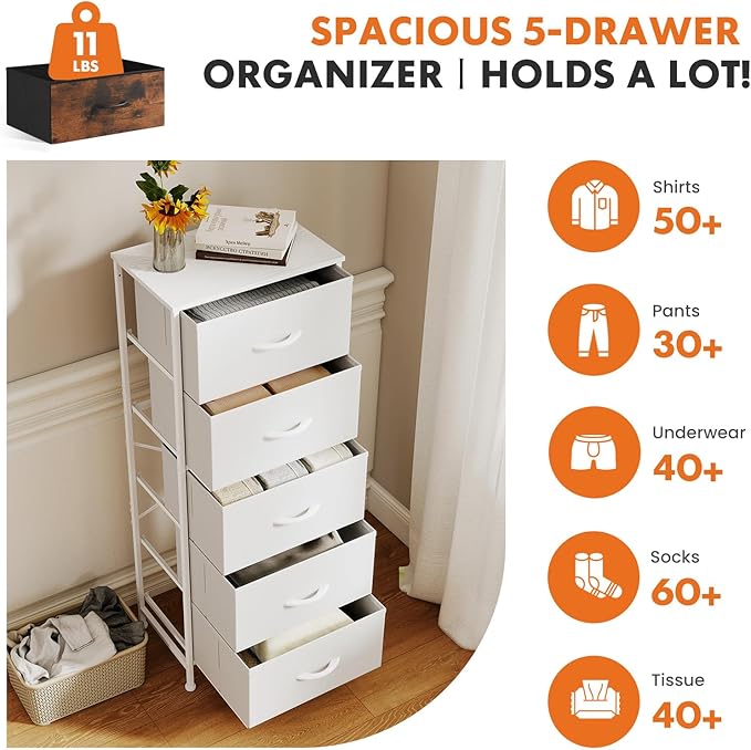 Sweetcrispy 5 Drawer Dresser with Fabric Bins Steel Frame Wood top Storage Chest for Bedroom Closet Hallway White Compact Organizer Durable Home Storage Solution