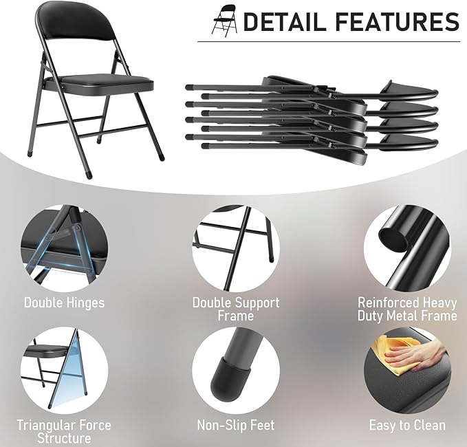 24 Pack Black Folding Chairs with Padded Cushion and Back for Outside Portable Stackable Commercial Foldable Chairs with Steel Frame for Events Office Wedding Party, 350lbs Capacity