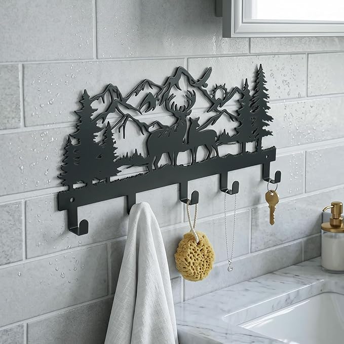 Metal Key Holder Wall Mount, Rustic Cabin Key Rack Hooks, Woodland Wildlife Wall Art Organizer for Entryway, Kitchen, Hallway, Garage, Farmhouse Home Decor & Housewarming Gift (Deer Mountain)