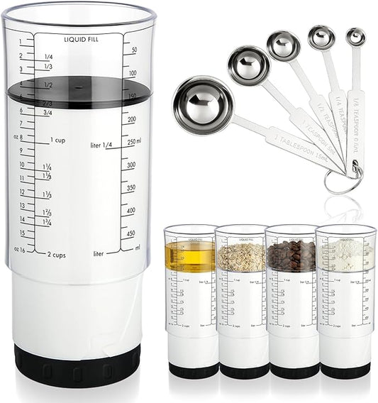 6 Pcs Adjustable Measuring Cups Set Includes 2 Cup Push up Measuring Cup and 5 Measurings Spoon for Peanut Butter 4 in 1 Liquid Dry Semi Solid Ingredient Home Cooking Tool