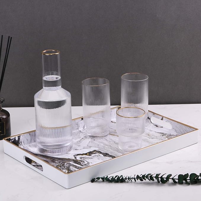 Decorative Tray, Marbling Plastic Tray with Handles, Rectangular Vanity Tray and Serving Tray for Bathroom, Kitchen, Ottoman and Coffee Table, 15.6” x 10.2”, White