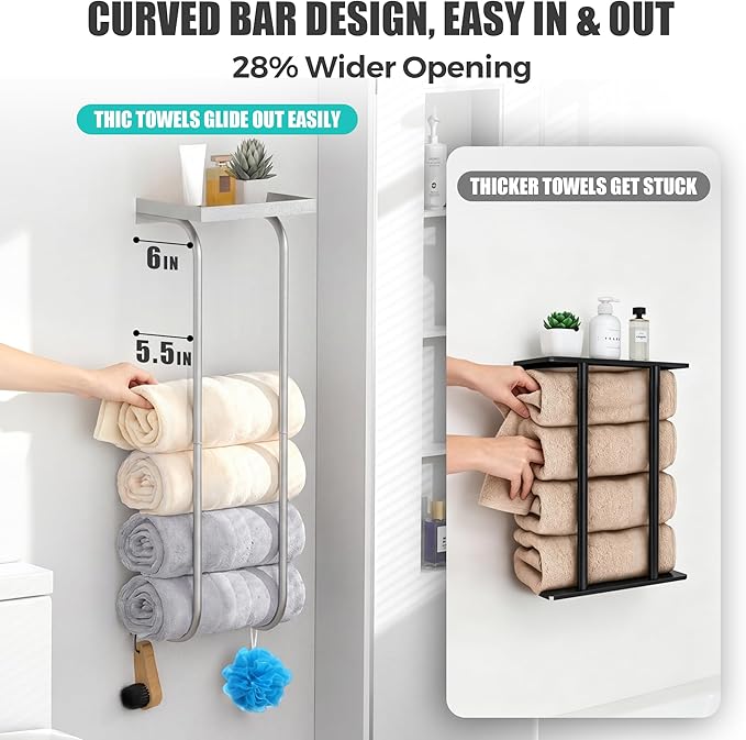 31" Towel Racks for Bathroom, Heavy-Duty Stainless Steel Holds 6 Large Rolled Towels,Wall Mounted Towel Holder with Shelf & Hooks,Extra-Wide Opening Wall Storage for Small Bathroom, Brushed Nickel