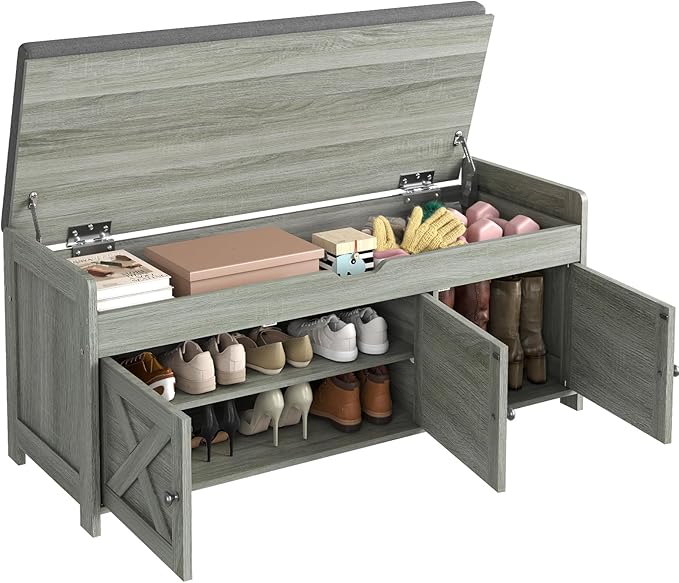 Pipishell 2-Tier Shoe Storage Bench with Cushioned Seat, Entryway Bench with Adjustable Shelf & Barn Doors, 300 lbs Capacity, 39.4" W x 16" D x 18" H, for Entryway, Bedroom, Living Room, Gray
