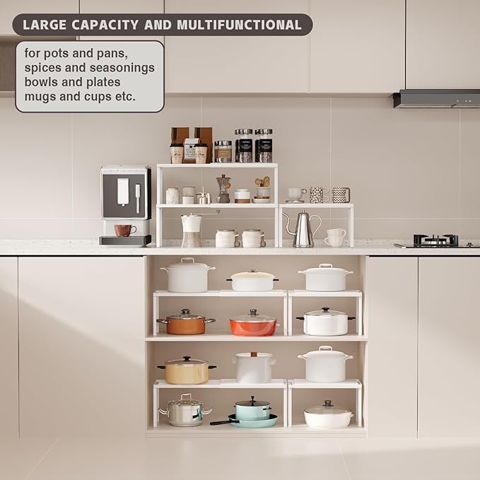 Magheo Expandable Cabinet Shelf Organizer, 1 Pack Stackable Kitchen Counter Shelf Riser, Metal Spice Rack Heavy Duty Countertop Organizer Storage for Kitchen, Pantry, Cupboard, Rv (8.7in Height,White)