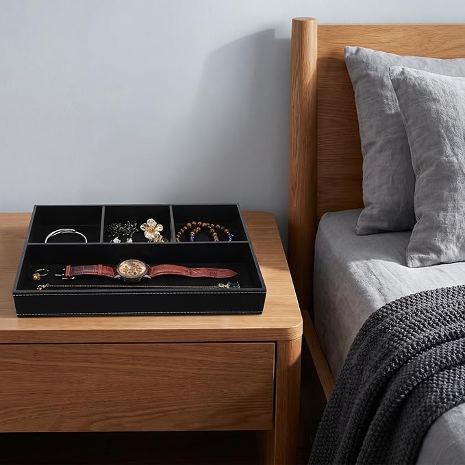 2 Pieces Leather Valet Tray Nightstand Drawer Organizer Stackable Jewelry Organizer For Drawer Key Wallet Sunglass Watch Coin Phone Bedside Dresser Top Tray Black