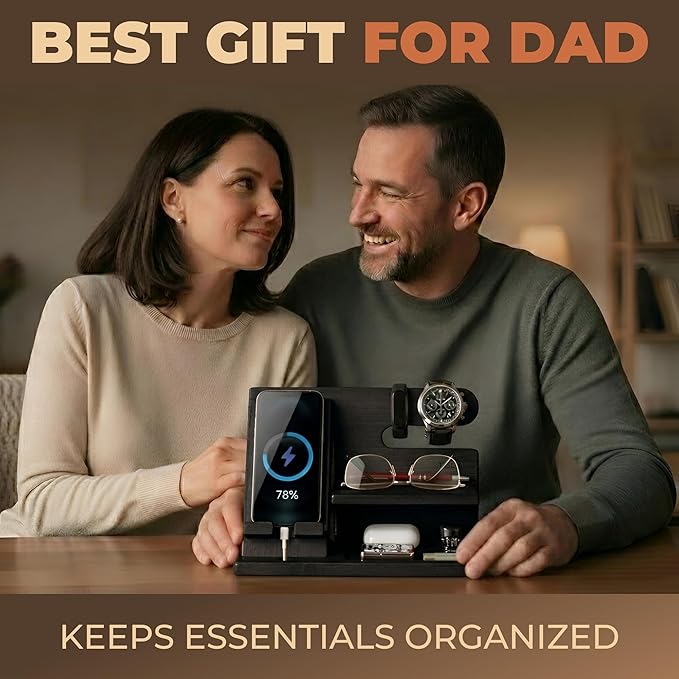 TESLYAR Wood Phone Docking Station for Men - Desktop or Nightstand Organizer - Birthday Gifts for Men, Dad - Anniversary Idea from Wife - Key Holder, Stand Wallet, Watch & Essentials (Granite Black)