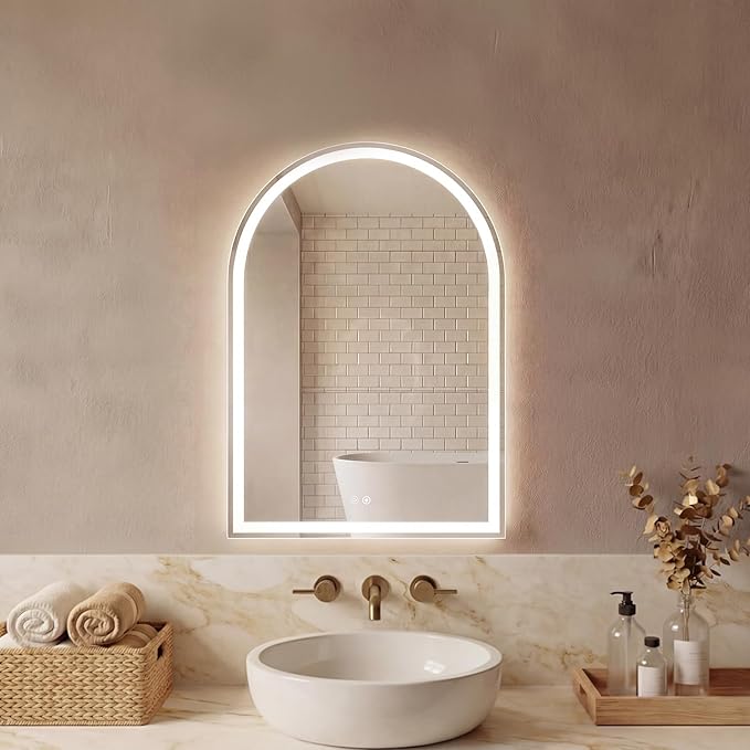 Sweetcrispy 20"×28" LED Arched Bathroom Mirror with Lights, Arched Lighted Bathroom Vanity Mirror with Anti-Fog, Dimmable, 3-Color Light, Memory Function, Tempered Glass