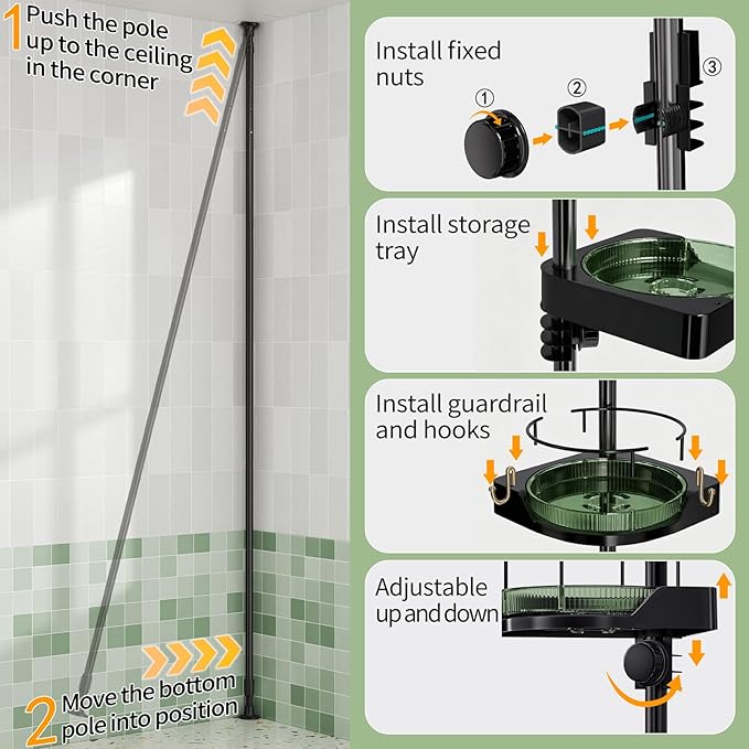 akinbas Shower Caddy Tension Pole with 4 L-Lazy Susan Organizer 360 Rotating 35-128 Inch No Drilling Floor Standing Shelves Adjustable Shower Rack for Bathroom Corner (Black+Green)