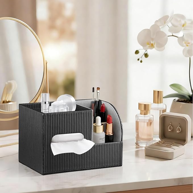 Modern PU Leather Cube Tissue Box Cover with Storage Tray, Multifunctional Remote Control Holder & Facial Tissue Dispenser Organizer for Nightstand, Bathroom, Bedroom, Office & Home Decor