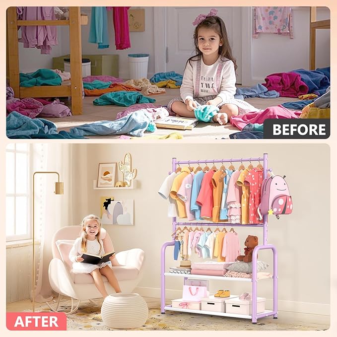 Kids Clothes Rack with 2 Tier Storage Racks and 2 Adjustable Hanging Poles, Small Baby Closet Organizer for Hanging Clothes, Kids Dress-Up Rack (Classic, Purple)