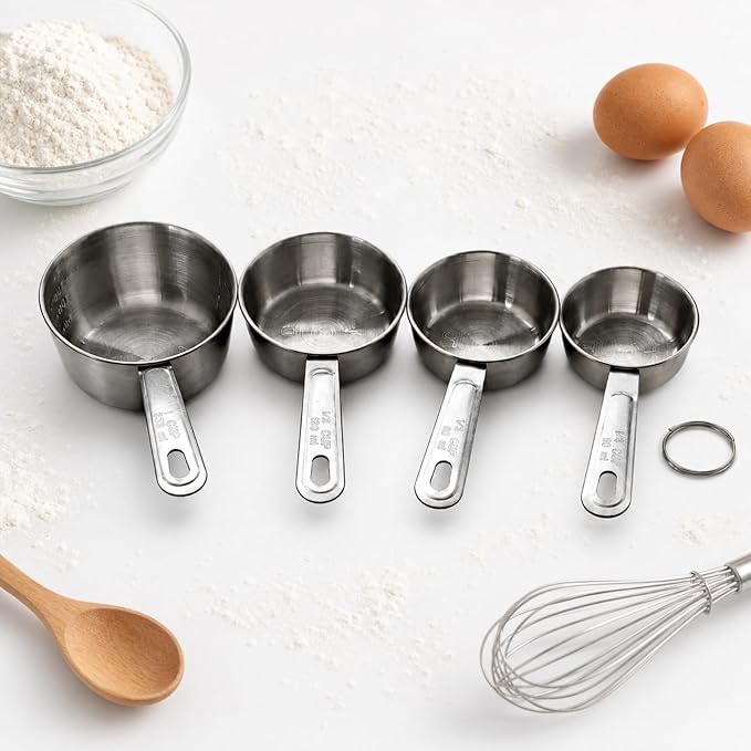 Stainless Steel Measuring Cups Set of 4, Metal, 1/4, 1/3, 1/2 & 1 Cup, Marked Handles, 1 Cup with Stamped Interior Marks, Nesting Cups for Baking & Cooking, Dry & Liquid Ingredients