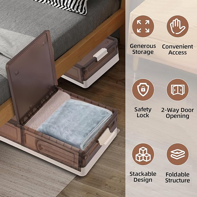 FAHKNS 2 Pack Under Bed Storage with Wheels, 15.2Gal Stackable Under Bed Storage Containers with Lids, Plastic Collapsible Organizer for Clothes and Shoes, Grey