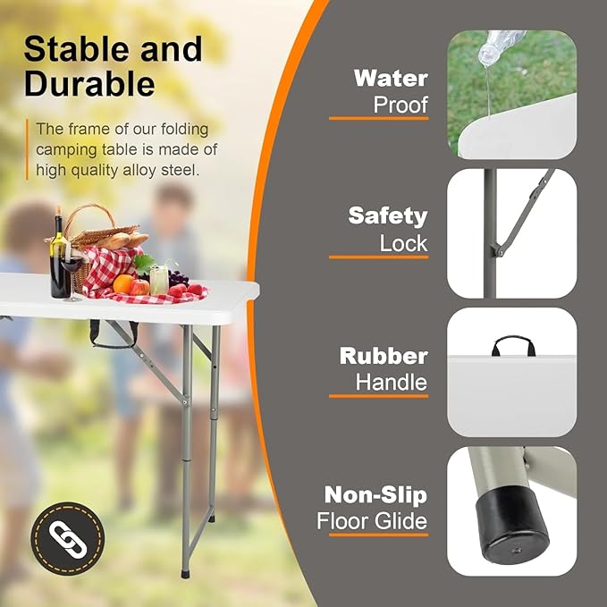 FoldingTable 4 Foot Portable Heavy Duty Plastic Table and Adjustable Height Folding with Carrying Handle,Indoor Outdoor with Kids Table, Picnic,Party,Camping White