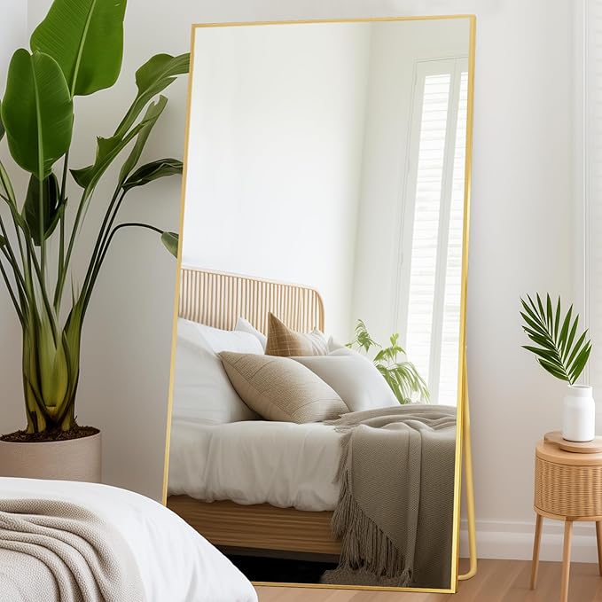 Beauty4U Full Length Mirror 76" x 34", Large Floor Mirror with Stand, Wall Mounted or Leaning, HD Tempered Glass Full Body Mirror for Bedroom, Living Room, Entryway, Gold Frame