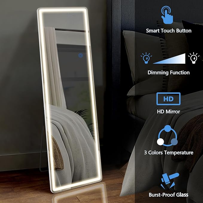 OLIXIS 16"×60" LED Full Length Mirror with Lights, Standing Lighted Floor Full Body Mirror with 3 Color Lighting, Wall Mounted Mirrors for Bedroom, Home, Entryway with Tempered Glass