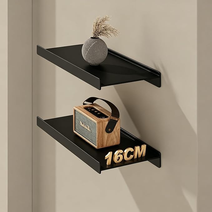 Widen Floating Shelves for Wall, Wall Mounted Shelves with Lip for Storage, Metal Display Shelves, Kitchen/Living Room/Bedroom/Bathroom Shelf, Black 12 inch 2 Pack