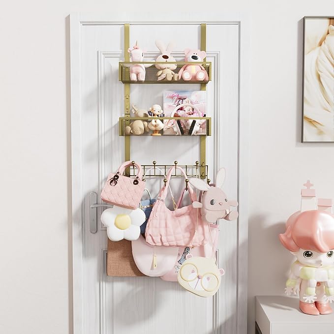 Consumest Over The Door Hooks Organizer - 3 Tier Door Hanger with 9 Coat Hooks & 2 Mesh Basket, Back Storage Organizer Hanging Towels for Bathroom, Bedroom, Gold