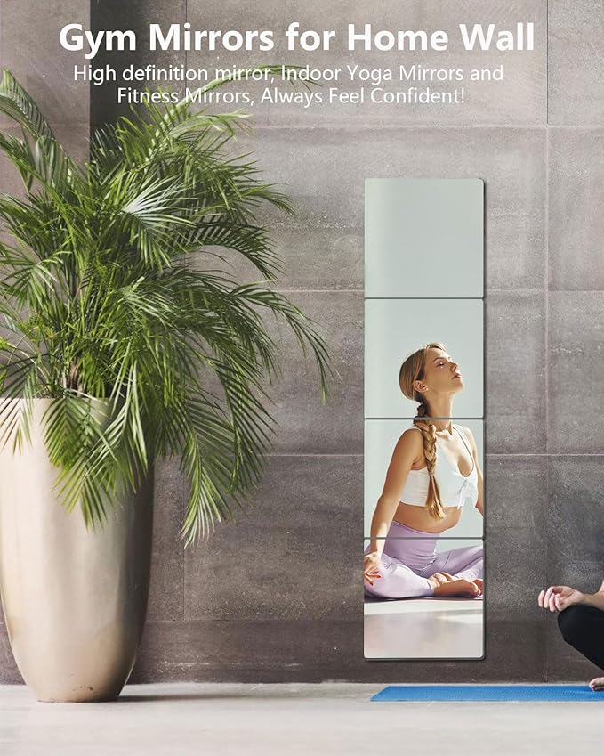 Unbreakable Mirror Tiles, 4PCS 12”x12 Peel and Stick on Mirror for Wall Mirrors Decorative, Toddlers for Kids Bedroom, Plastic Gym Door Small Adhesive Mirrors for Classroom Decor Stickers