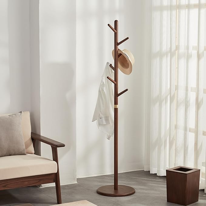 Coat Rack, Solid Wood Coat Rack Freestanding with 6 Hooks, Wooden Coat Tree Freestanding for Hats, Handbags, Coat Stand for Entryway, Bedroom, Hallway - Ideal Gift (Walnut)